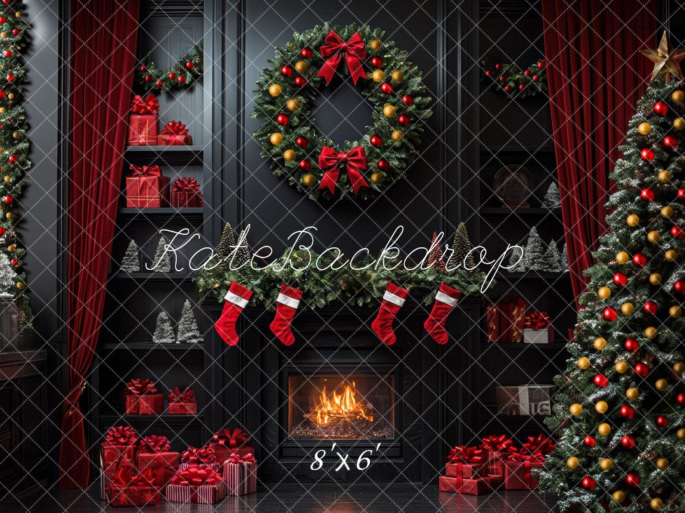 Kate Christmas Black Fireplace Wreath Backdrop Designed by Mini MakeBelieve -UK