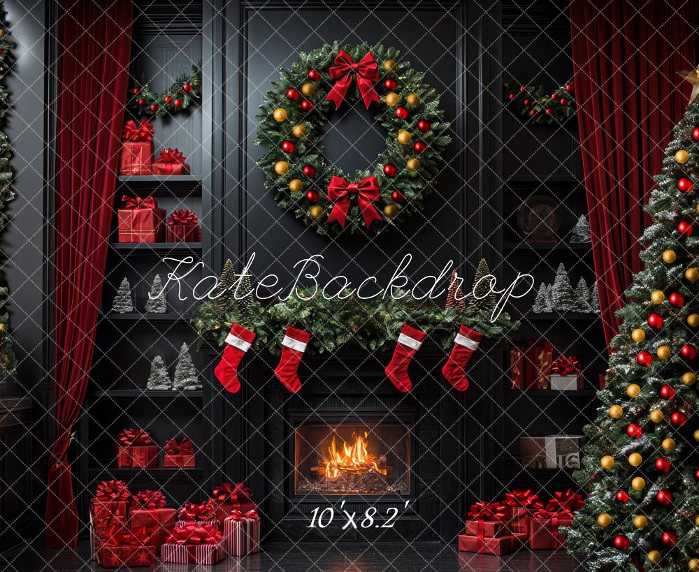 Kate Christmas Black Fireplace Wreath Backdrop Designed by Mini MakeBelieve -UK