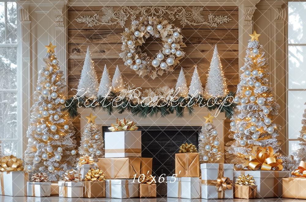 Kate Christmas Tree Fireplace Gold Gifts Backdrop Designed by Mini MakeBelieve -UK