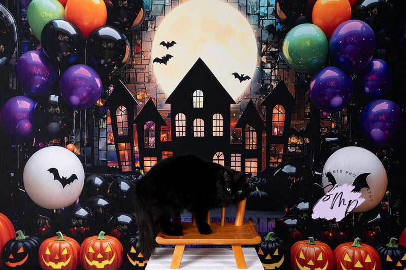 Kate Halloween Moon Haunted House Balloons Backdrop Designed by Mini MakeBelieve -UK