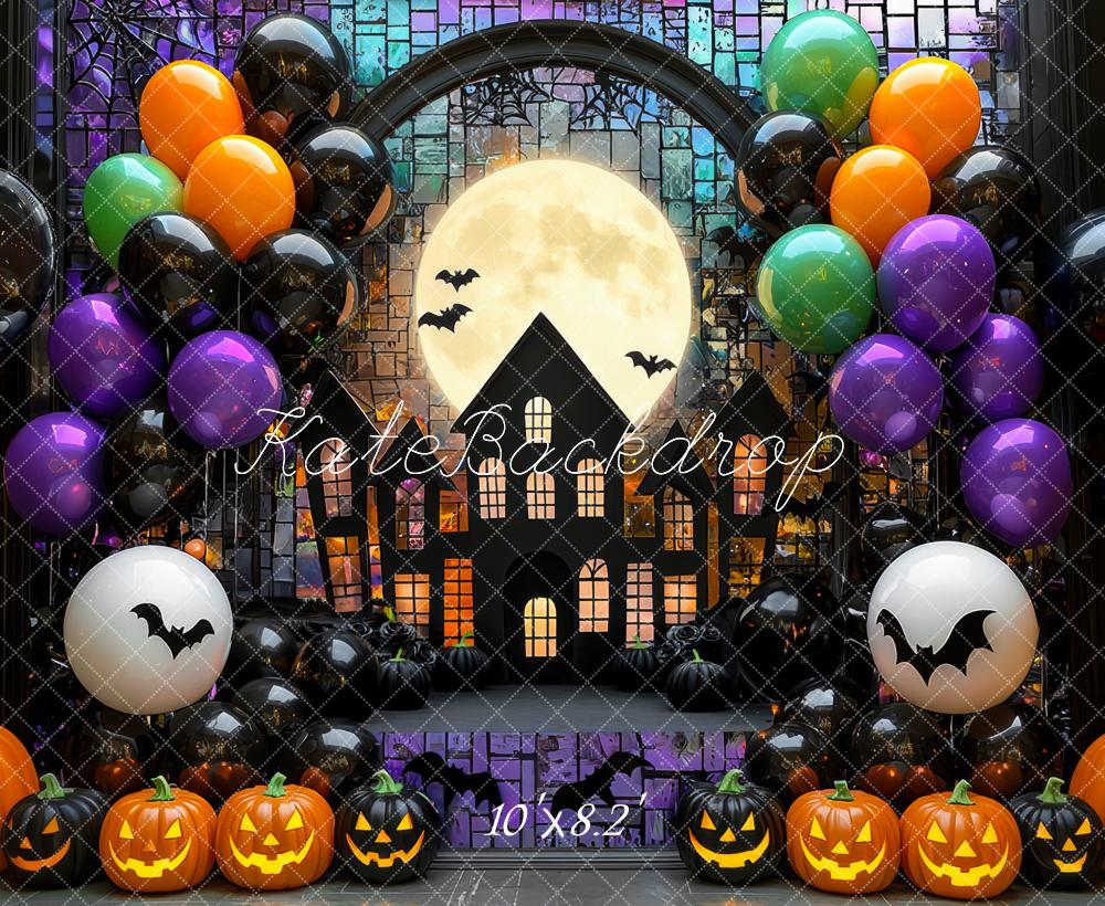 Kate Halloween Moon Haunted House Balloons Backdrop Designed by Mini MakeBelieve -UK