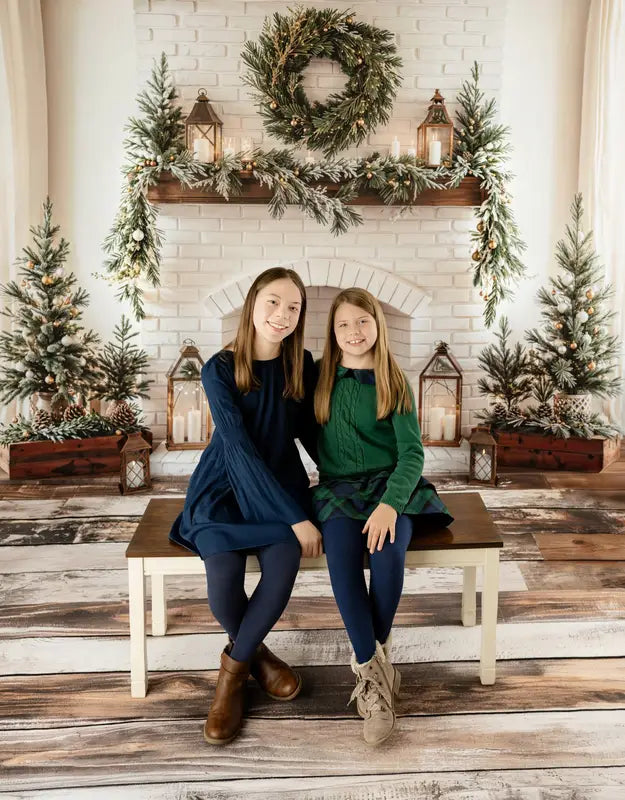 Kate Christmas Fireplace Wreath Brick Wall Backdrop+Light Retro Wood Floor Backdrop -UK
