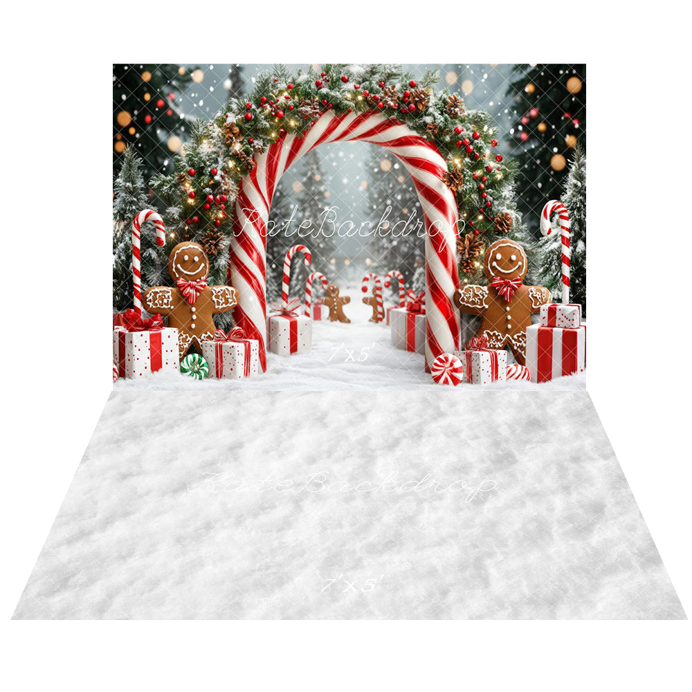 Kate Christmas Candy Cane Arch Gingerbread Backdrop+White Snow Floor Backdrop -UK