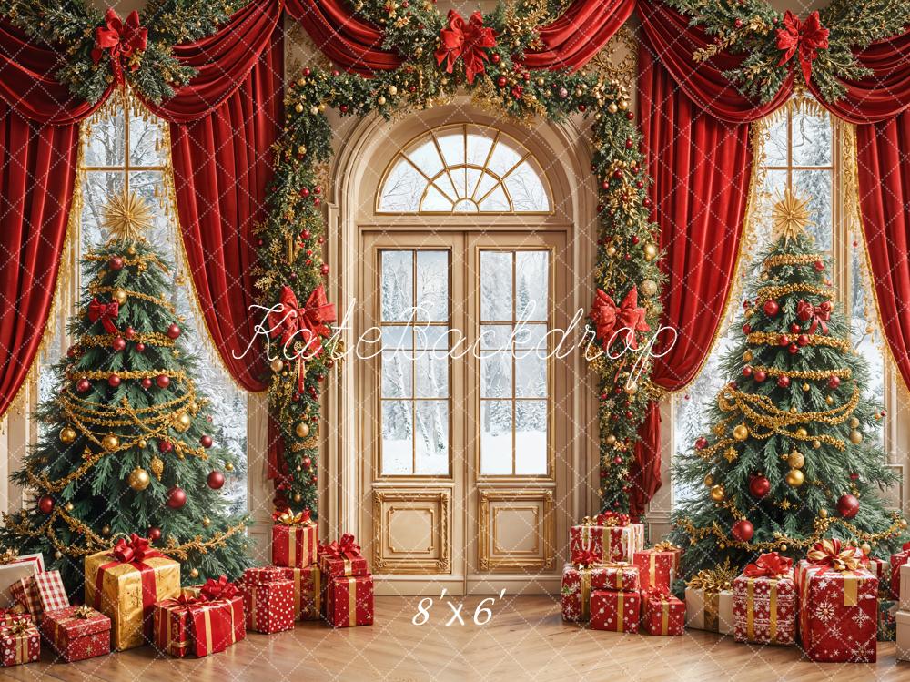 Kate Christmas Tree Red Curtain Arch Door Backdrop Designed by Emetselch -UK