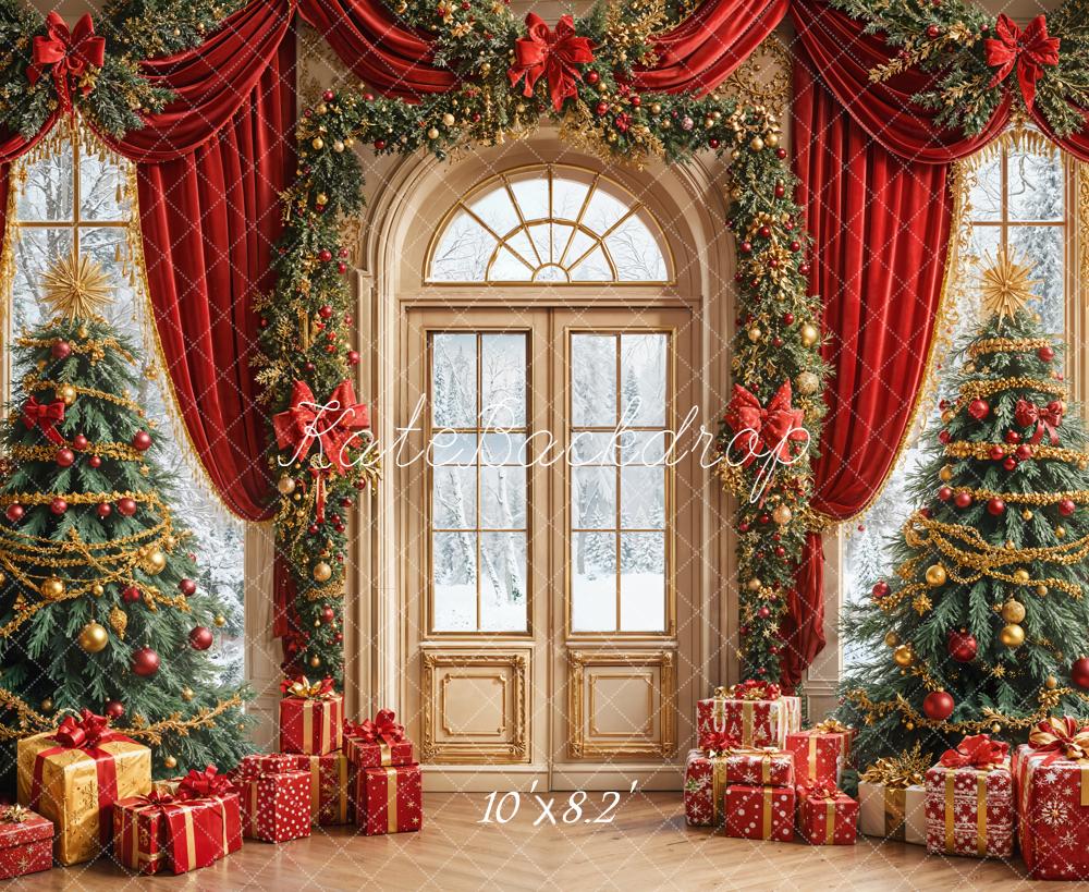 Kate Christmas Tree Red Curtain Arch Door Backdrop Designed by Emetselch -UK