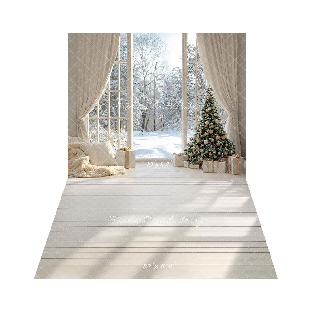 Kate Christmas Tree Winter Window Snow Backdrop+White Wood Floor Backdrop -UK