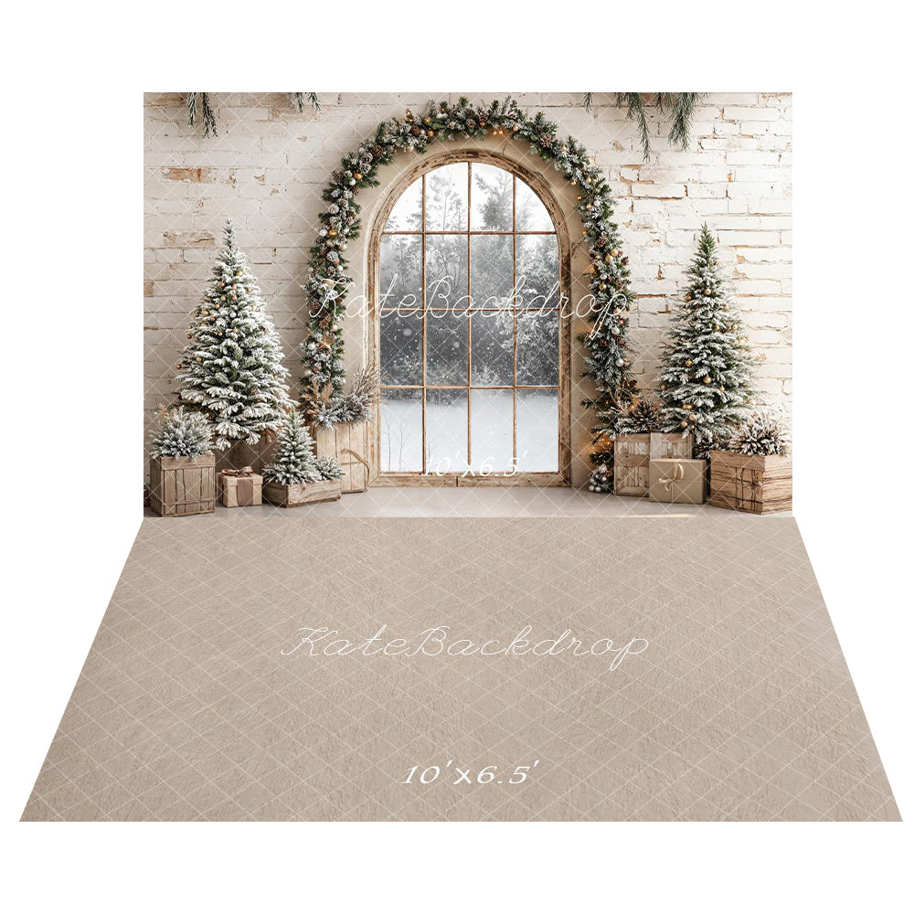 Kate Christmas Arch Window Garland Trees Backdrop+Beige Abstract Texture Floor Backdrop -UK