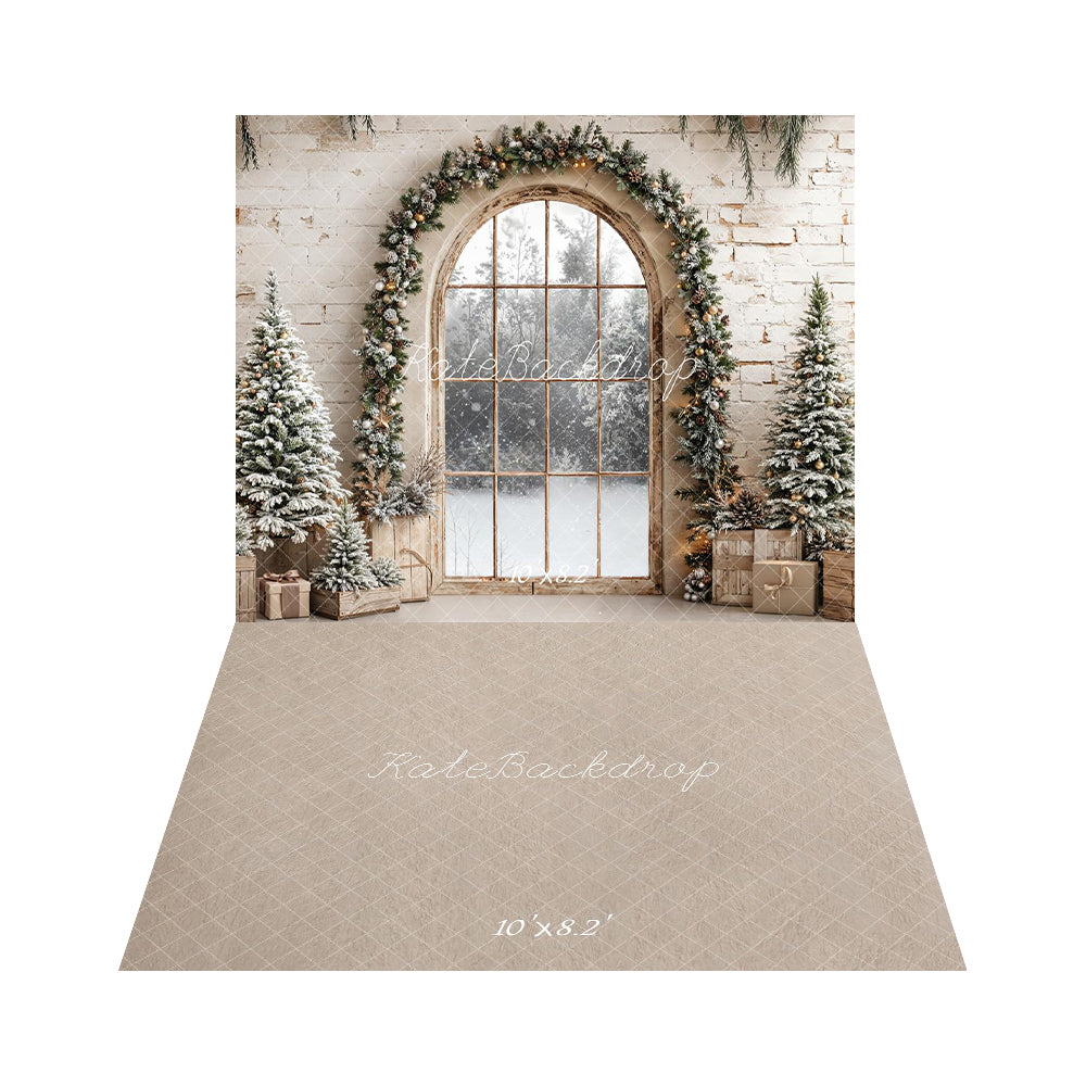 Kate Christmas Arch Window Garland Trees Backdrop+Beige Abstract Texture Floor Backdrop -UK