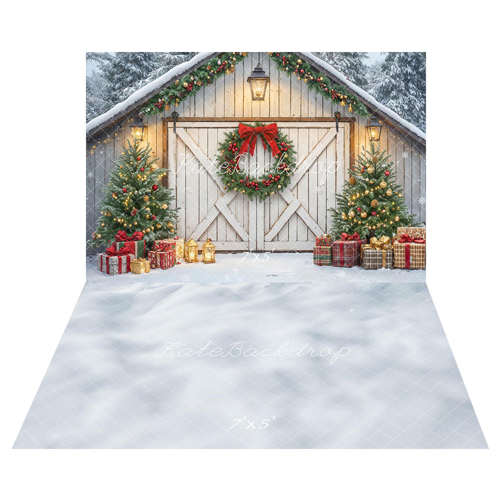 Kate Christmas Barn Cabin Wreath Trees Backdrop+Snowy Texture Floor Backdrop -UK