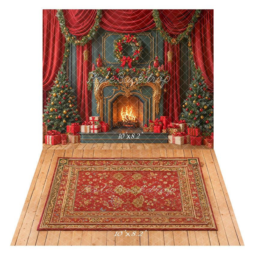 Kate Red Christmas Fireplace Garland Curtains Backdrop+Rug Wood Floor Backdrop