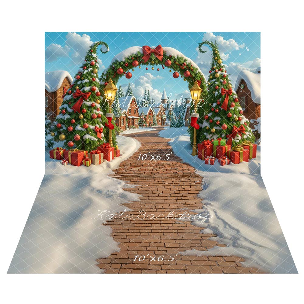 Kate Christmas Tree Arch Gifts Snowy Village Backdrop+Brick Path Snow Floor Backdrop -UK