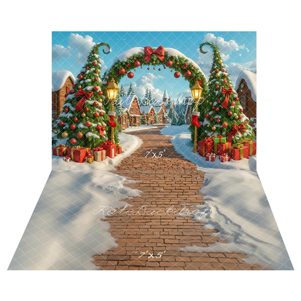 Kate Christmas Tree Arch Gifts Snowy Village Backdrop+Brick Path Snow Floor Backdrop -UK