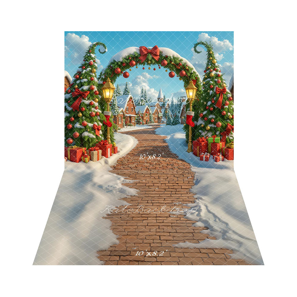 Kate Christmas Tree Arch Gifts Snowy Village Backdrop+Brick Path Snow Floor Backdrop -UK