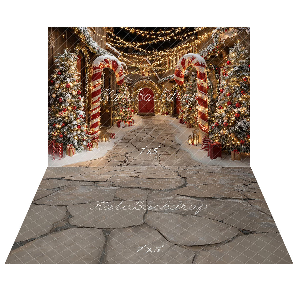 Kate Christmas Candy Cane Lights Backdrop+ Gray Cobblestone Floor Backdrop -UK