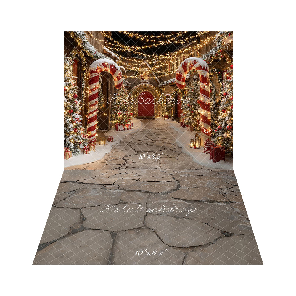 Kate Christmas Candy Cane Lights Backdrop+ Gray Cobblestone Floor Backdrop -UK