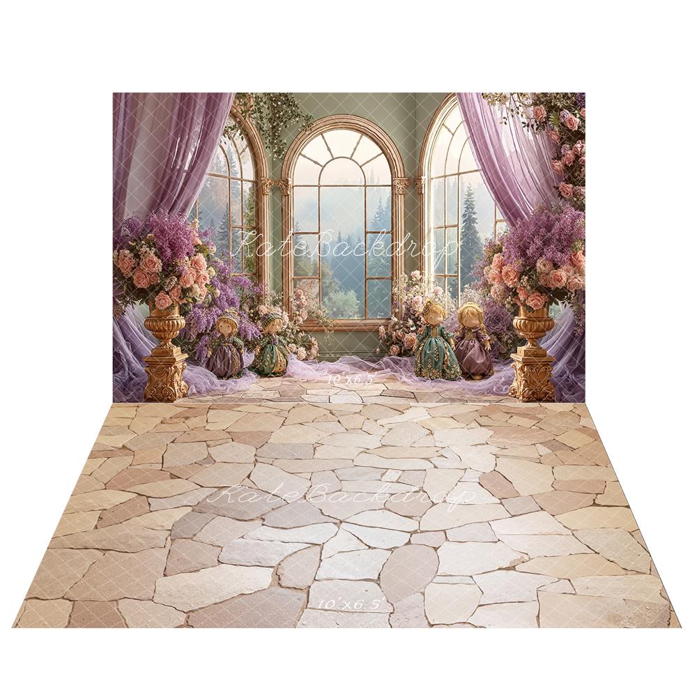 Kate Spring Purple Floral Arch Window Dolls Backdrop+Cobblestone Floor Backdrop -UK