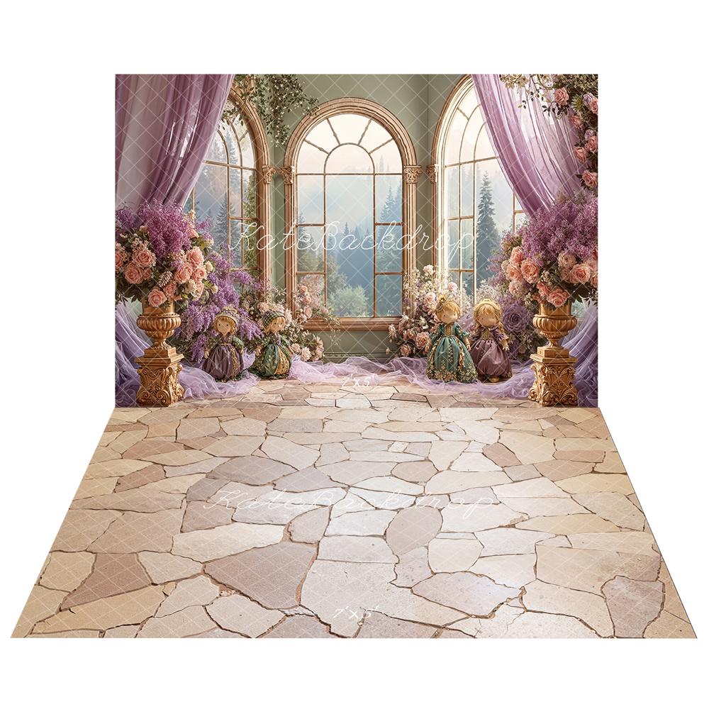 Kate Spring Purple Floral Arch Window Dolls Backdrop+Cobblestone Floor Backdrop -UK