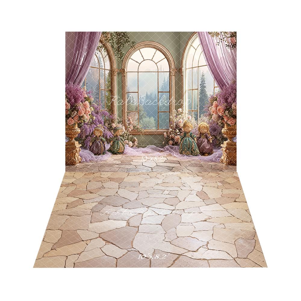 Kate Spring Purple Floral Arch Window Dolls Backdrop+Cobblestone Floor Backdrop -UK