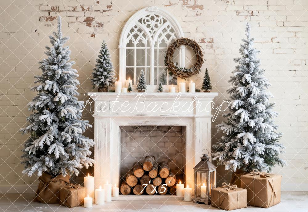 Kate Christmas Fireplace Snowy Trees Gifts Backdrop Designed by Emetselch -UK