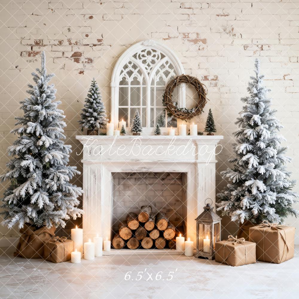 Kate Christmas Fireplace Snowy Trees Gifts Backdrop Designed by Emetselch -UK