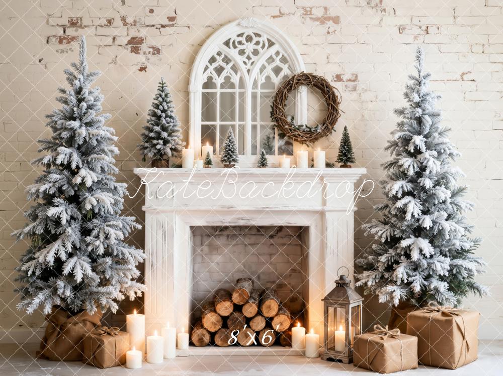 Kate Christmas Fireplace Snowy Trees Gifts Backdrop Designed by Emetselch -UK