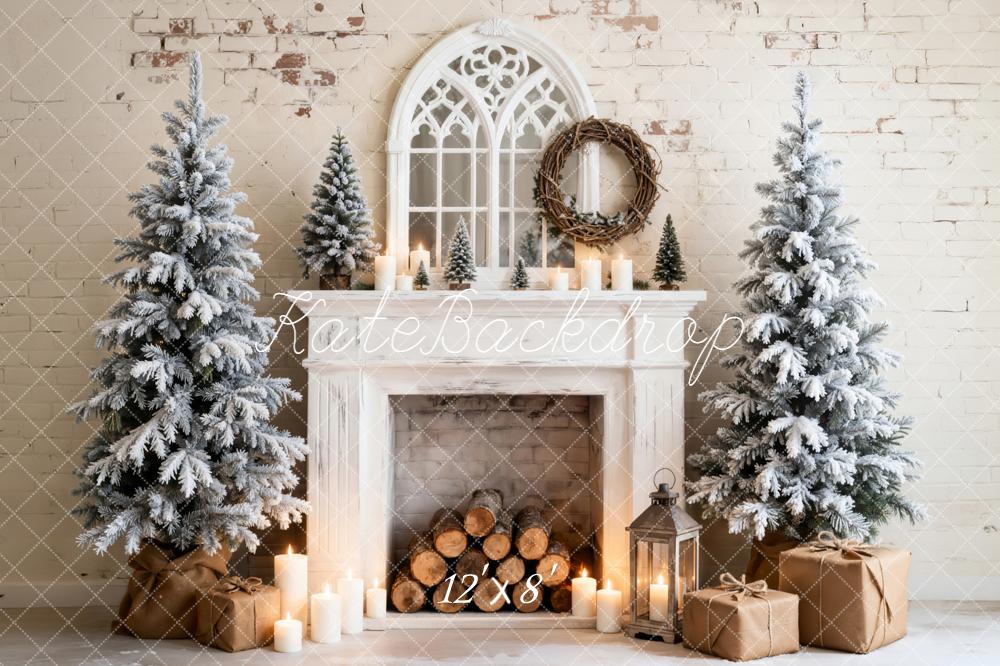 Kate Christmas Fireplace Snowy Trees Gifts Backdrop Designed by Emetselch -UK