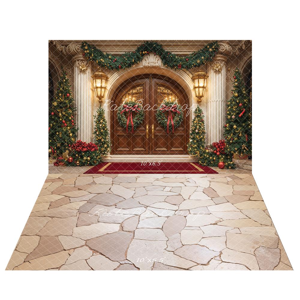 Kate Christmas Garland Wreath Trees Doorway Arch Backdrop+Beige Cobblestone Floor Backdrop -UK