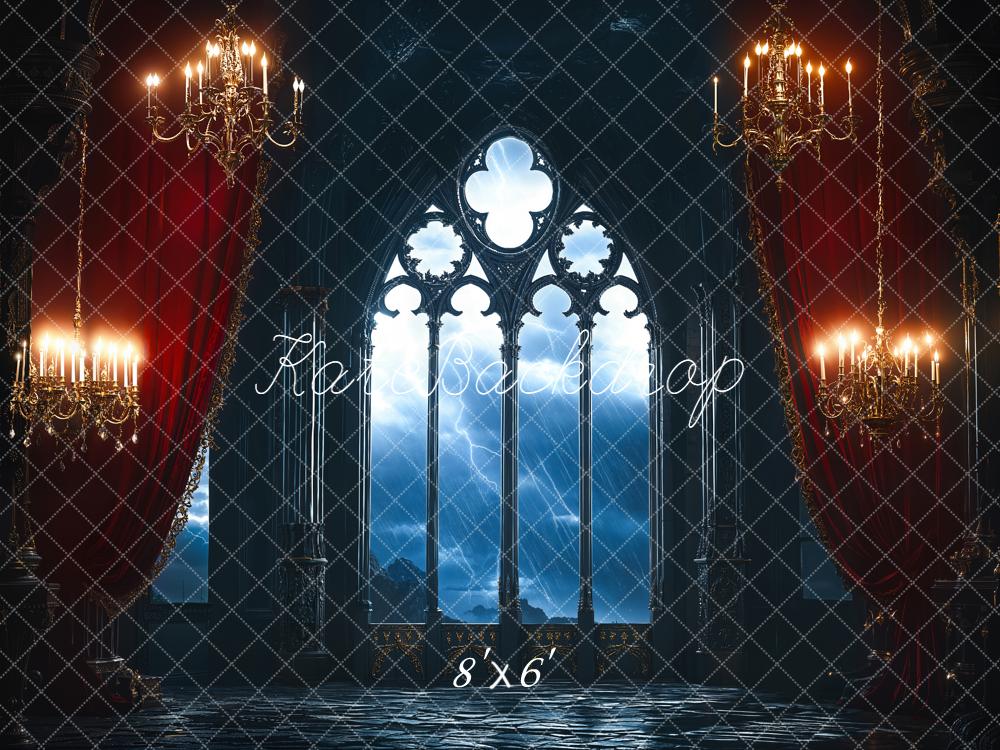 Kate Gothic Window Chandeliers Dark Curtains Fleece Backdrop Designed by Emetselch -UK