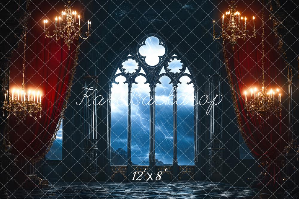 Kate Gothic Window Chandeliers Dark Curtains Fleece Backdrop Designed by Emetselch -UK