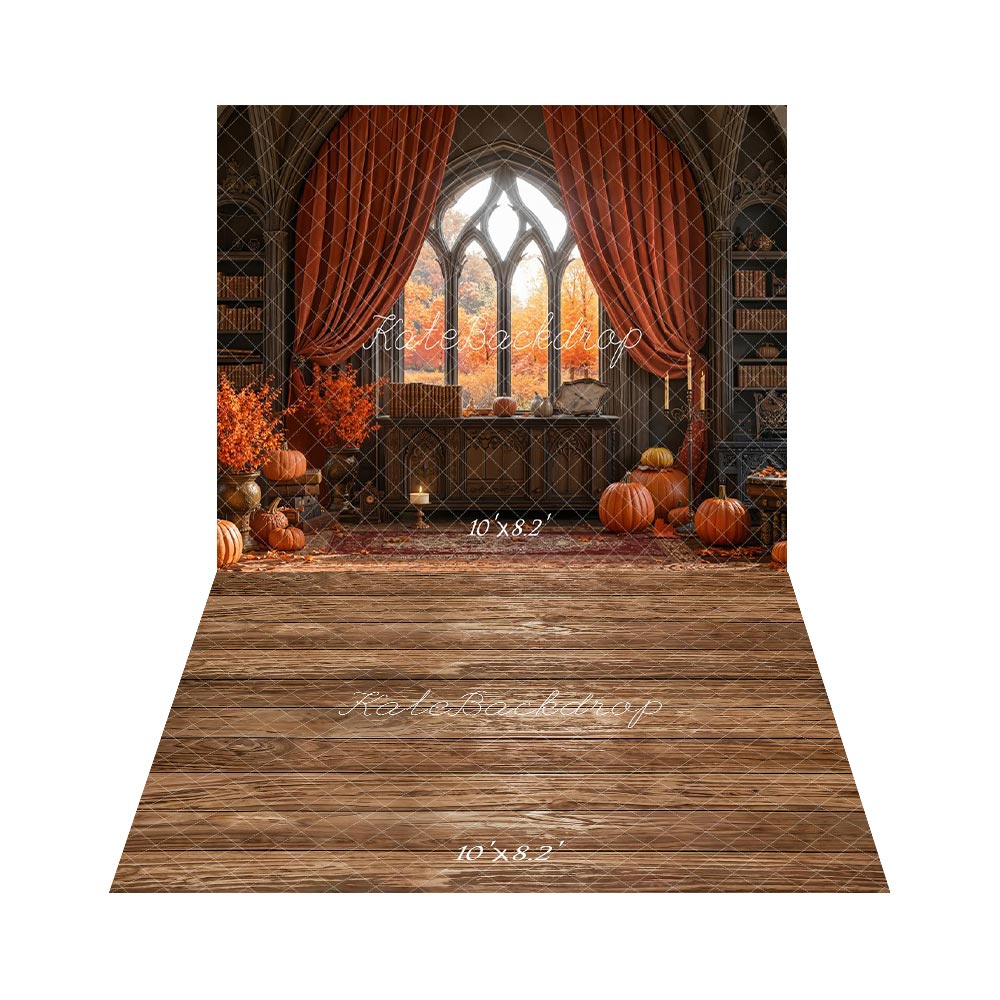 Kate Autumn Window Books Pumpkins Curtains Backdrop+Brown Wooden Floor Backdrop -UK
