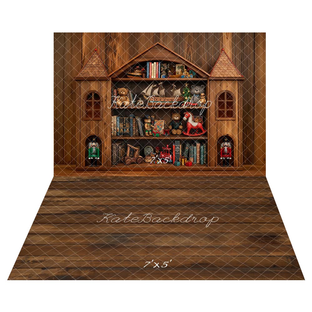 Kate Christmas Toys Room Wood Cabinet Shelf Backdrop+Wooden Floor Backdrop -UK