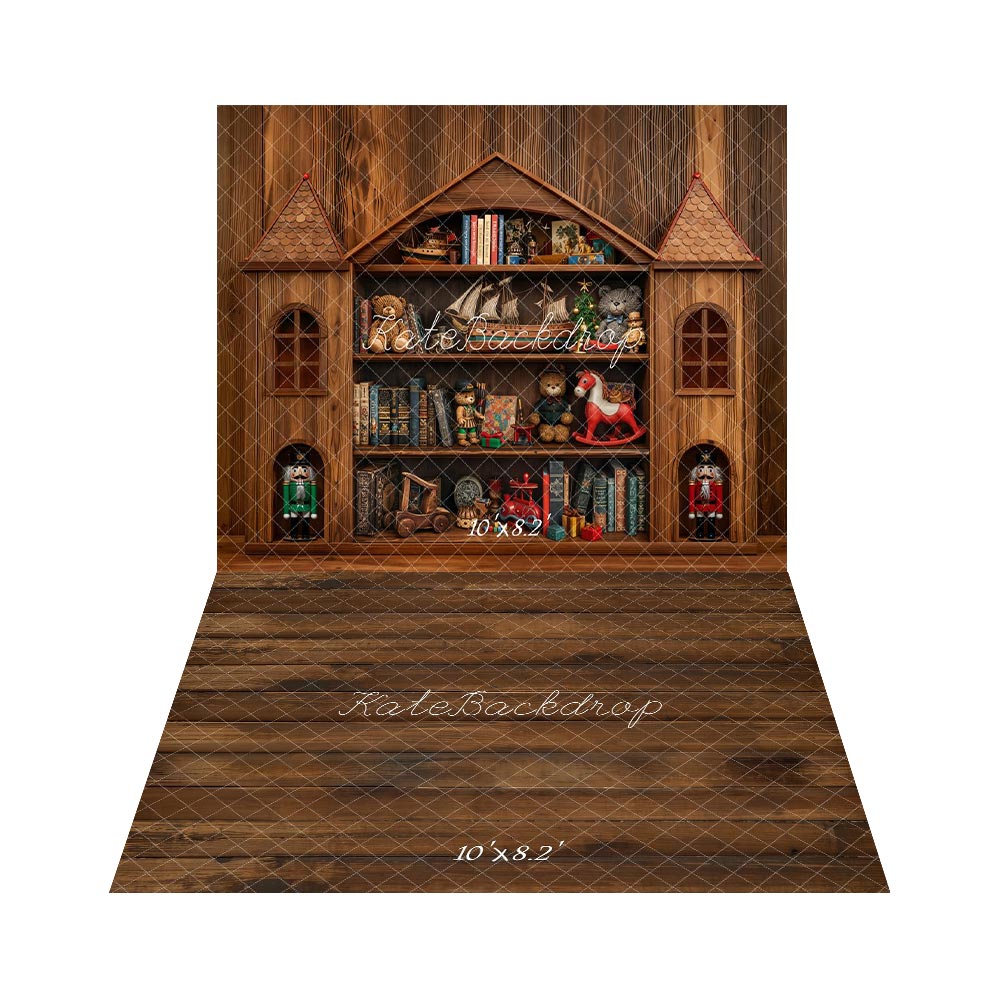 Kate Christmas Toys Room Wood Cabinet Shelf Backdrop+Wooden Floor Backdrop -UK