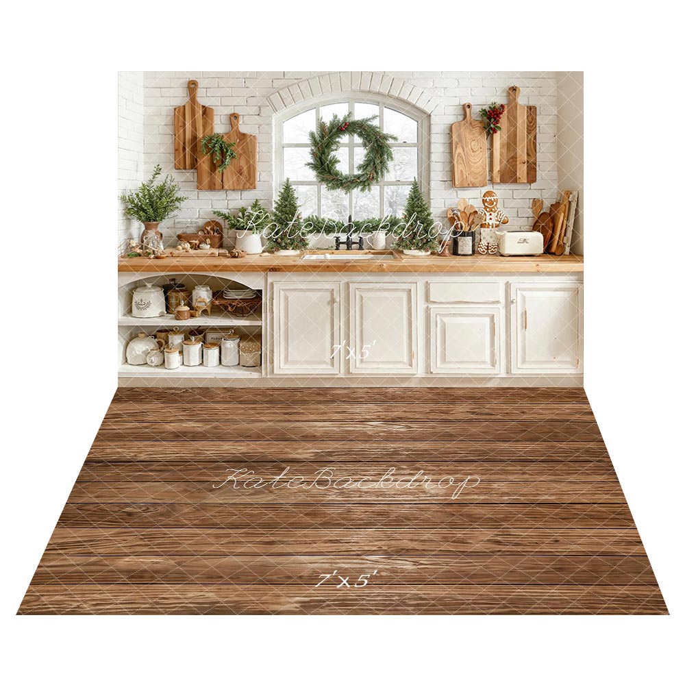 Kate Christmas Kitchen Cabinet Window Wreath +Brown Wooden Plank Floor Backdrop -UK