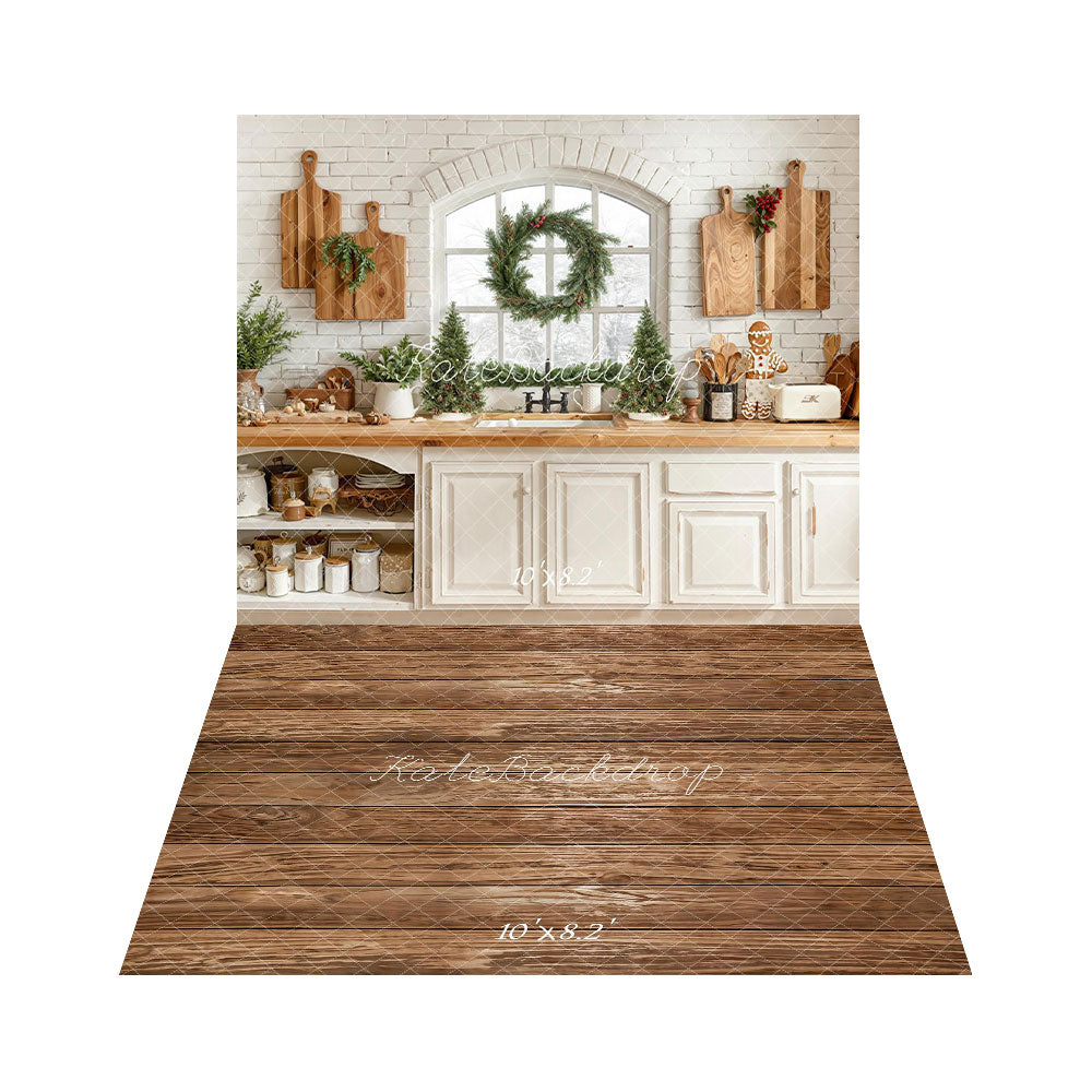 Kate Christmas Kitchen Cabinet Window Wreath +Brown Wooden Plank Floor Backdrop -UK