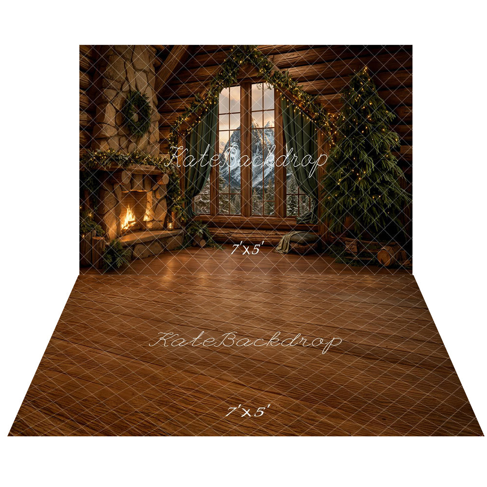 Kate Christmas Rustic Cabin Fireplace Window Backdrop+Brown Wood Floor Backdrop -UK