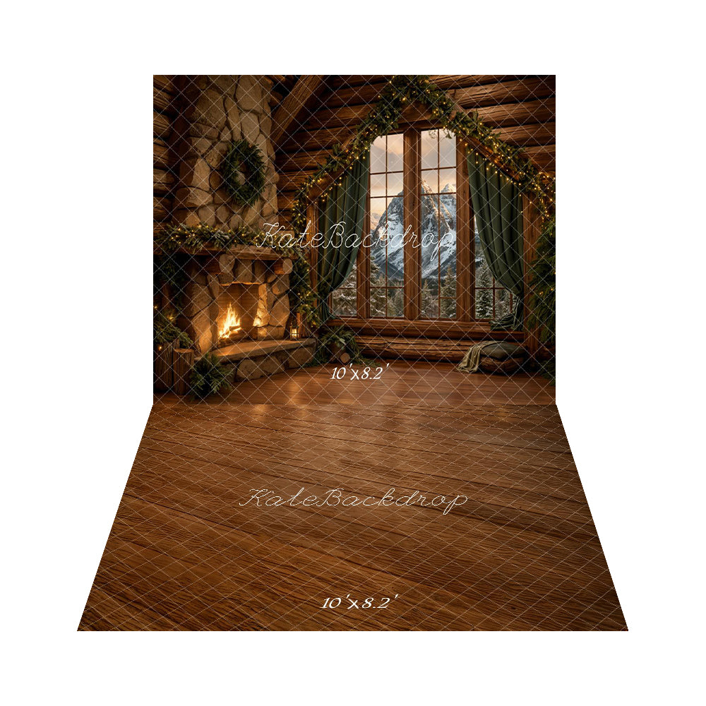 Kate Christmas Rustic Cabin Fireplace Window Backdrop+Brown Wood Floor Backdrop -UK