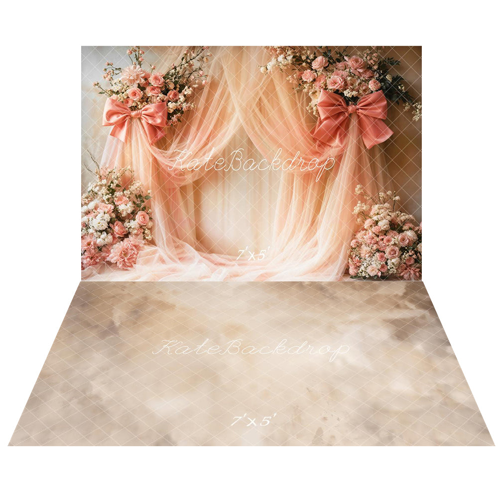 Kate Spring Pink Floral Bows Drapes Backdrop+Beige Abstract Texture Floor Backdrop