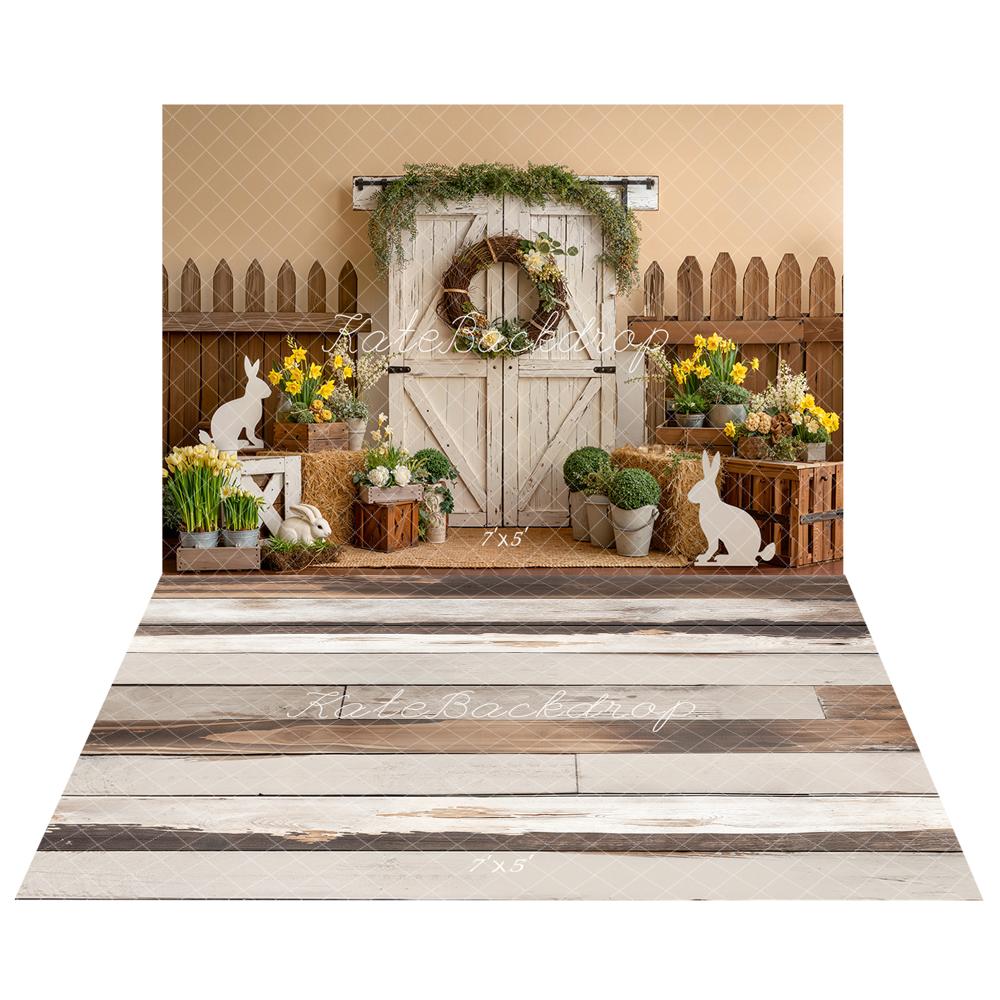 Kate Easter Bunny Barn Door Backdrop+ Light Brown White Retro Wood Floor Backdrop