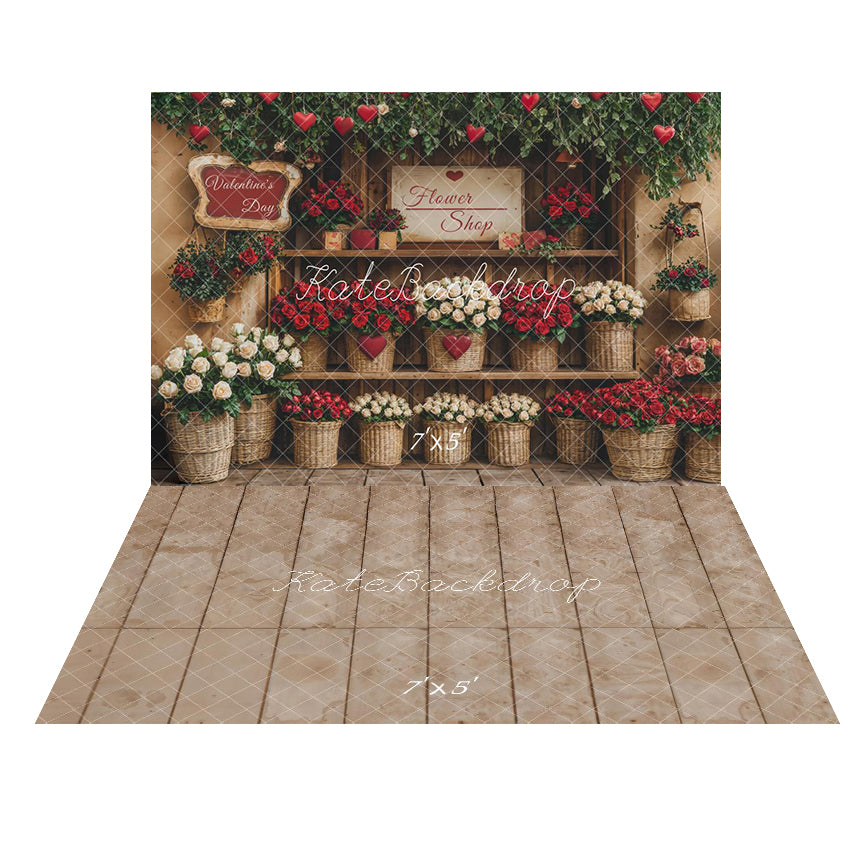 Kate Valentine's Day Flower Shop Baskets Backdrop+Beige Retro Floor Backdrop