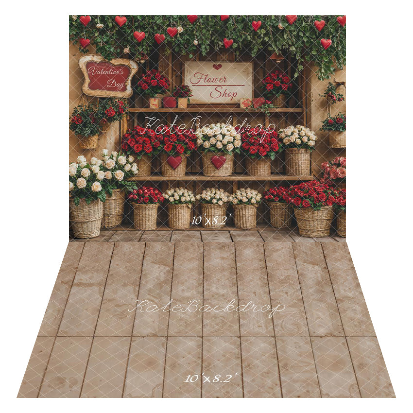 Kate Valentine's Day Flower Shop Baskets Backdrop+Beige Retro Floor Backdrop
