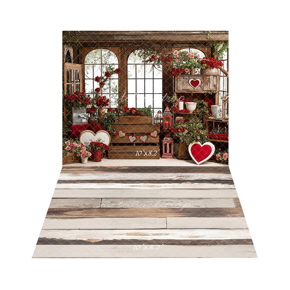 Kate Valentine's Day Roses Heart Wooden Window Backdrop+Light Brown Retro Wood Floor Backdrop