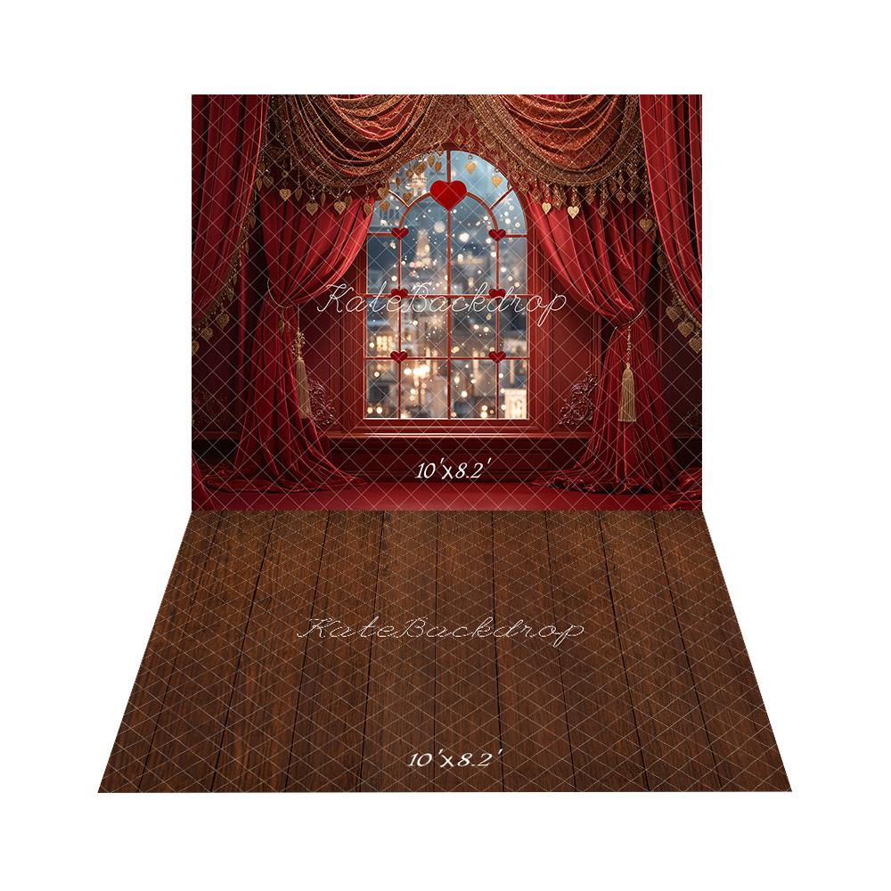 Kate Valentine's Day Red Curtains Window Backdrop+Dark Brown Wooden Floor Backdrop