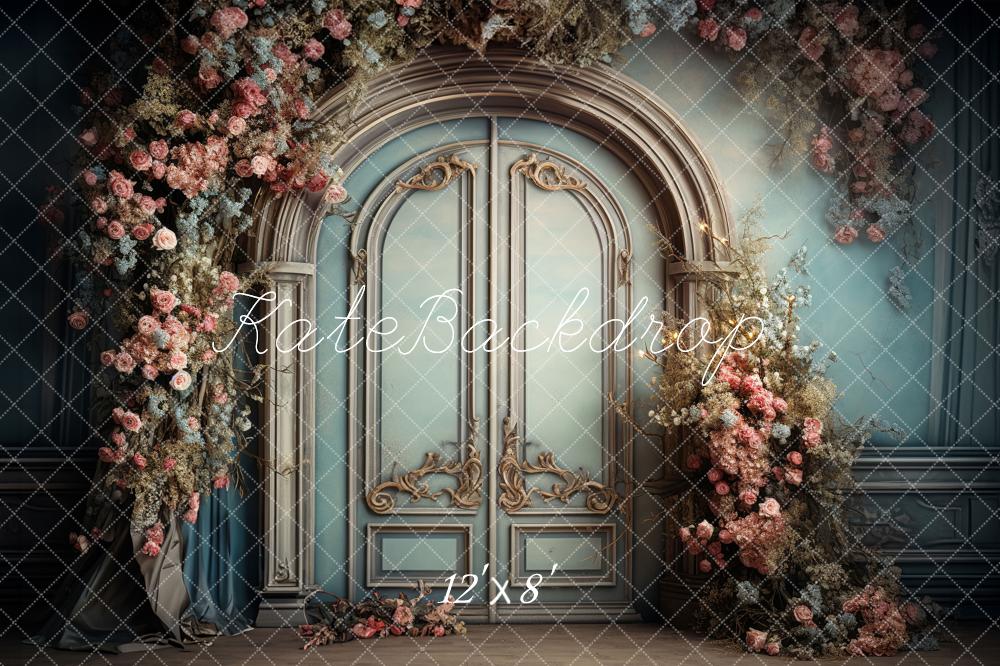Kate Blue Door Pink Floral Arch Fleece Backdrop Designed by Emetselch -UK