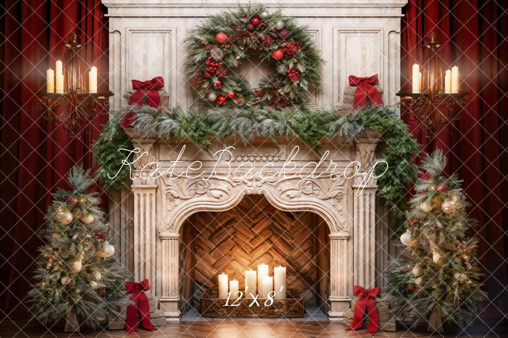 Kate Christmas Tree Fireplace Red Fleece Backdrop Designed by Emetselch -UK