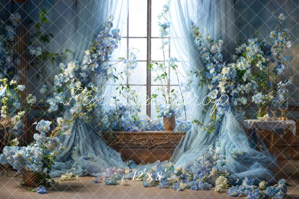 Kate Blue Flower Curtain Window Room Spring Fleece Backdrop Designed by Emetselch -UK