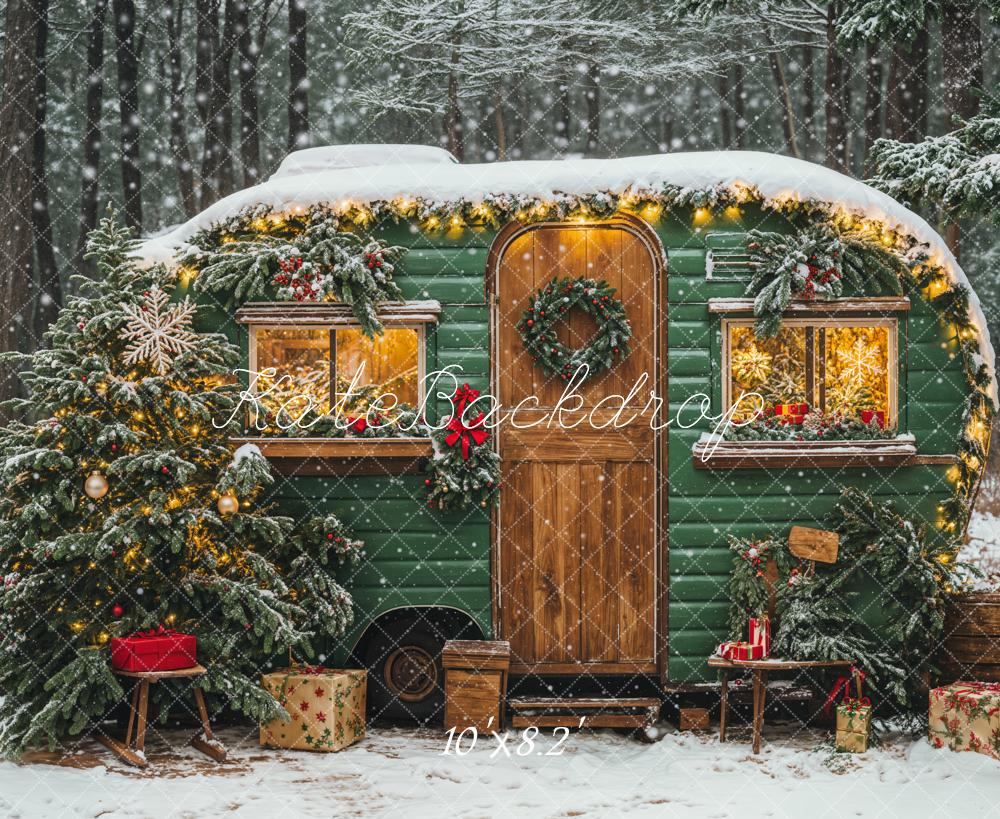 Kate Christmas Green Camping Car Snow Tree Backdrop Designed by Emetselch -UK