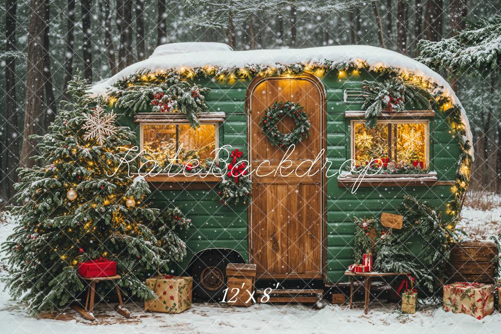 Kate Christmas Green Camping Car Snow Tree Backdrop Designed by Emetselch -UK