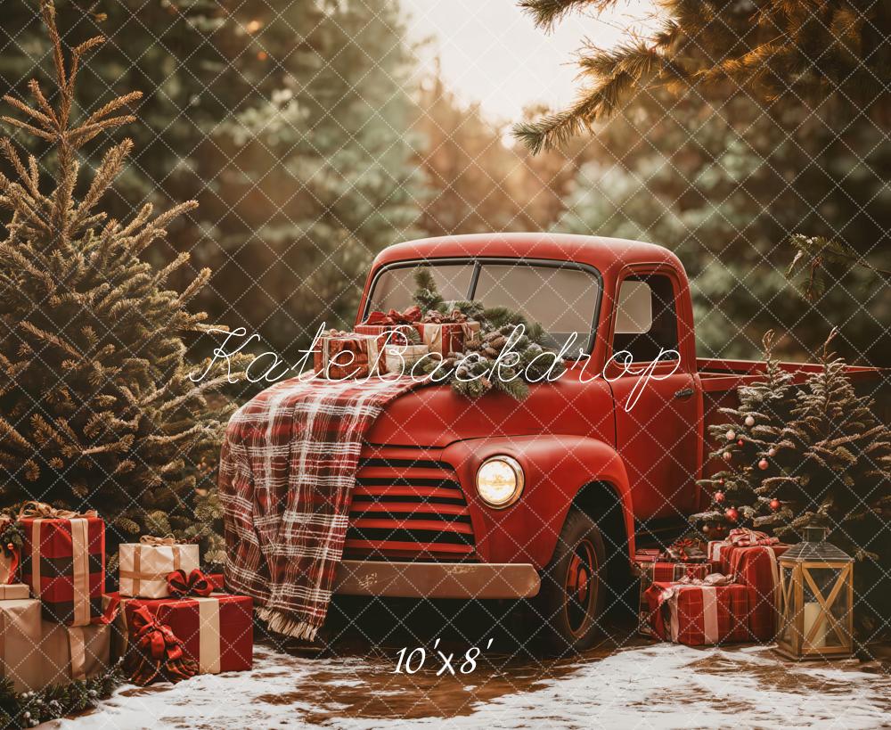 Lightning Deals Kate Christmas Red Truck Plaid Forest Backdrop Designed by Emetselch -UK