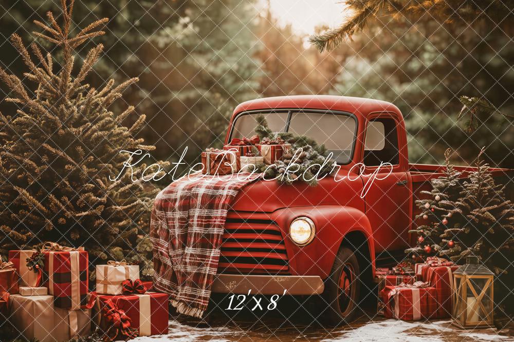 Lightning Deals Kate Christmas Red Truck Plaid Forest Backdrop Designed by Emetselch -UK