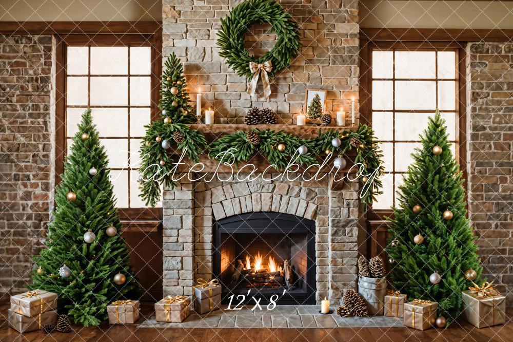 Kate Christmas Fireplace Tree Brick Backdrop Designed by Emetselch -UK